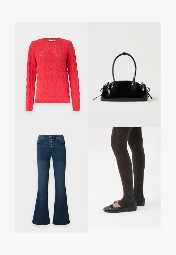 Pull en maille rouge à manches longues avec col rond et motif ajouré oval texturé sur toute la surface.; Jeans évasés en denim bleu foncé avec une taille haute et une fermeture à cinq boutons sur le devant. Texture lisse avec un léger délavage et des détails de couture subtils.; Jambes portant des leggings côtelés foncés associés à des ballerines noires avec de petits détails en nœud sur fond blanc.; Petit sac à main noir brillant avec deux longues anses et des détails à cordon sur les côtés sur un fond clair uni.