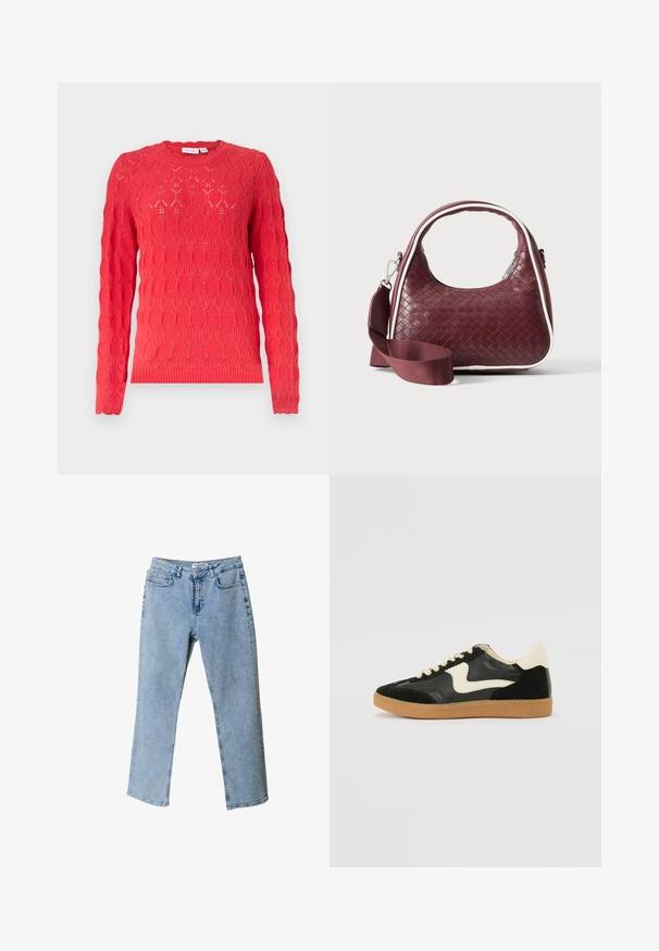 Roter langärmeliger Strickpullover mit rundem Ausschnitt und ganzflächigem, strukturiertem ovalem Spitzenmuster.; Helle blaue Denim-Jeans mit geradem Bein, fünf Taschen und einem Etikett am Bund. Sie weisen ausgebleichte Bereiche für eine Struktur auf.; Schwarze Wildleder- und Leder-Sneaker mit einem cremefarbenen Seiten-Swoosh und einer hellcremefarbenen Ferse. Ausgestattet mit beige Schnürsenkeln und einer Gummilaufsohle.; Dunkelrote gewebte Ledertasche mit gebogenem Griff, weißem Besatz, silbernem Reißverschluss und abnehmbarem breitem Stoff-Schulterriemen vor einfarbigem Hintergrund.