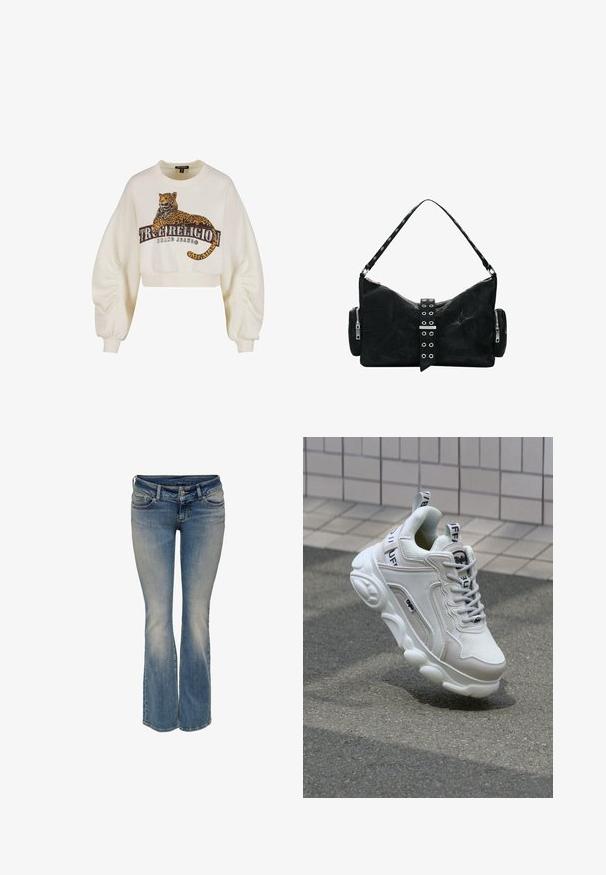 Hvid, cropped sweatshirt med puffede ærmer, prydet med leopardprint og "True Religion Brand Jeans" trykt på forsiden.; Blå denimjeans med en let vidde forneden, falmede detaljer på lår og knæ, frontknap og design med fem lommer.; Hvide sneakers med mesh- og lædermaterialer, rund tå, tyk sål, fremtrædende snørebånd og branding på hælen og tungen.; Sort skuldertaske med tekstur, med en strop med nitter, central øjendetalje og to runde sidelommer med lynlås.