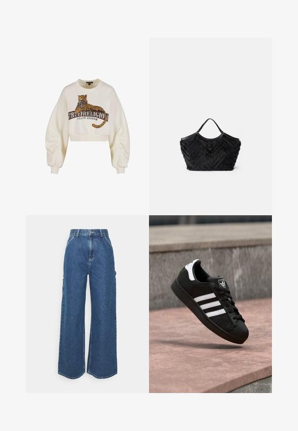 Hvid, cropped sweatshirt med puffede ærmer, prydet med leopardprint og "True Religion Brand Jeans" trykt på forsiden.; Bredde ben blå denimbukser med høj talje, kontrastsyede sømme og sidelommer, med et klassisk fem-lomme design og rå kanter.; Sort Adidas-sneaker med hvide striber og hælkappe, fanget i luften over en rosa stenoverflade og en grå betonbaggrund.; Sort tote bag med en tekstureret pels-lignende overflade og et chevronmønster, suppleret med en glat sort læderkant og håndtag.