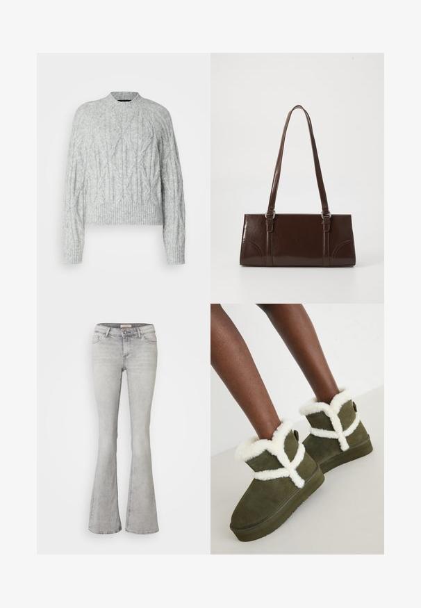 Vero Moda Tall VMBAILY HIGHNECK - Svetrík - light grey melange; Šedé denimové džínsy s rozšírenými nohavicami a priliehavým pásom, s piatimi vreckami a jemným vyblednutím. Obsahujú zapínanie na gombík a prešitý lem.; Zelené semišové členkové boty s bielym umelým kožuchom, s krížovým dizajnom, plochou gumovou podrážkou a s poutkom vzadu pre ľahké obúvanie.; Hnedá lakovaná kožená kabelka s obdĺžnikovým tvarom, dvoma dlhými rúčkami a jemne zakrivenými akcentami na prednej strane.