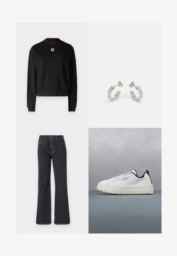 Zwarte sweatshirt van zachte stof, met een ronde halslijn en ribgebreide manchetten. Het "HUGO" logo in het wit is gecentreerd op de borst.; Donkerdenim flare jeans met een hoge taille, voorzien van gouden stiksels, vijf zakken en een knoopsluiting. Gladde textuur, recht gesneden ontwerp.; Witte leren sneaker met een chunky, gestructureerde zool met een gezaagd ontwerp. Zwarte accenten op de hak en de tong zorgen voor contrast.; Zilveren metalen hoepel oorbellen met een gestructureerd ontwerp, voorzien van een kleine post achter en branding op een van de hoepels. Ronde vorm met een gepolijste afwerking.