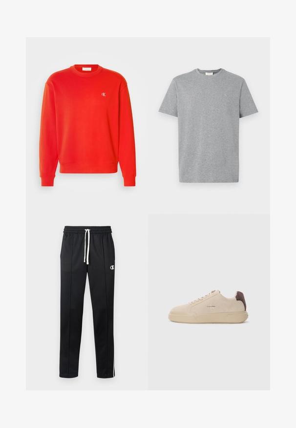 Rode katoenen sweatshirt met ribgebreide cuffs en zoom, en een klein geborduurd logo op de linkerkant van de borst. Soepele textuur, klassiek ontwerp met ronde hals.; Grijze katoen T-shirt met een ronde hals, korte mouwen en een klein logo op de linkerborst. Eenvoudig, klassiek ontwerp en textuur.; Zwarte sportbroek met witte trekkoord, zijstrepen, voorzakken en een klein wit Champion-logo op de linkerdij.; Beige suède sneakers met een ronde neus, vetersluiting aan de voorkant en een bruine suède accent op de hiel. Beschikt over een gestructureerde rubberen zool.