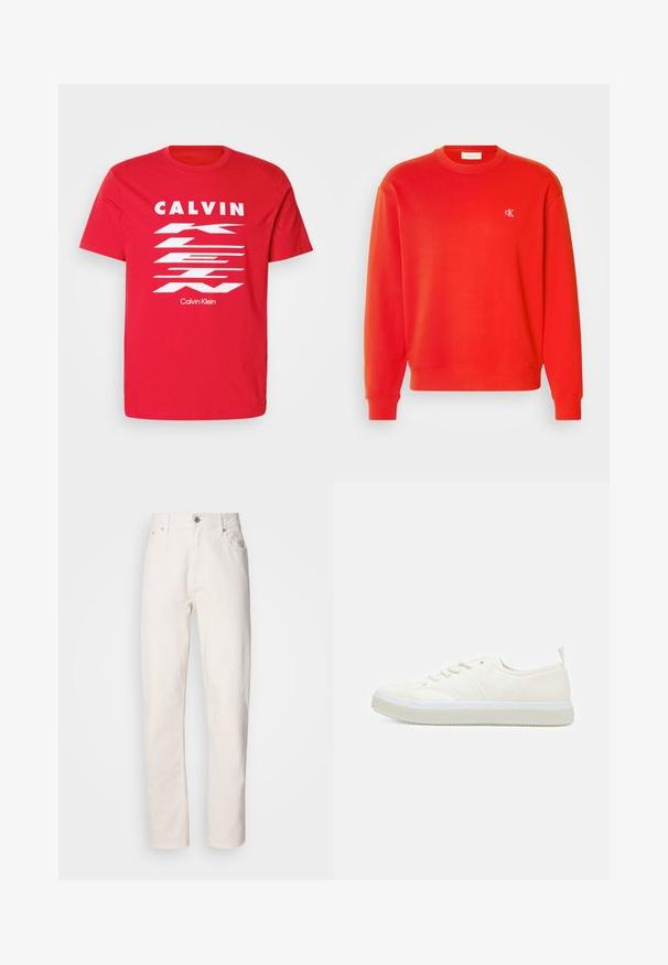 Sudadera de algodón roja con puños y dobladillo acanalados, y un pequeño logo bordado en el lado izquierdo del pecho. Textura suave, diseño clásico de cuello redondo.; Camiseta de algodón roja con el texto en blanco "CALVIN KLEIN" en negrita y un diseño de rayas diagonales. Mangas cortas y cuello redondo.; Jeans de denim blanco de pierna recta con cierre de botón y cremallera, lazos para cinturón y bolsillos delanteros y traseros, mostrados sobre un fondo liso.; Calvin Klein TOP LACE UP UNIFIT - Zapatillas - salt bay
