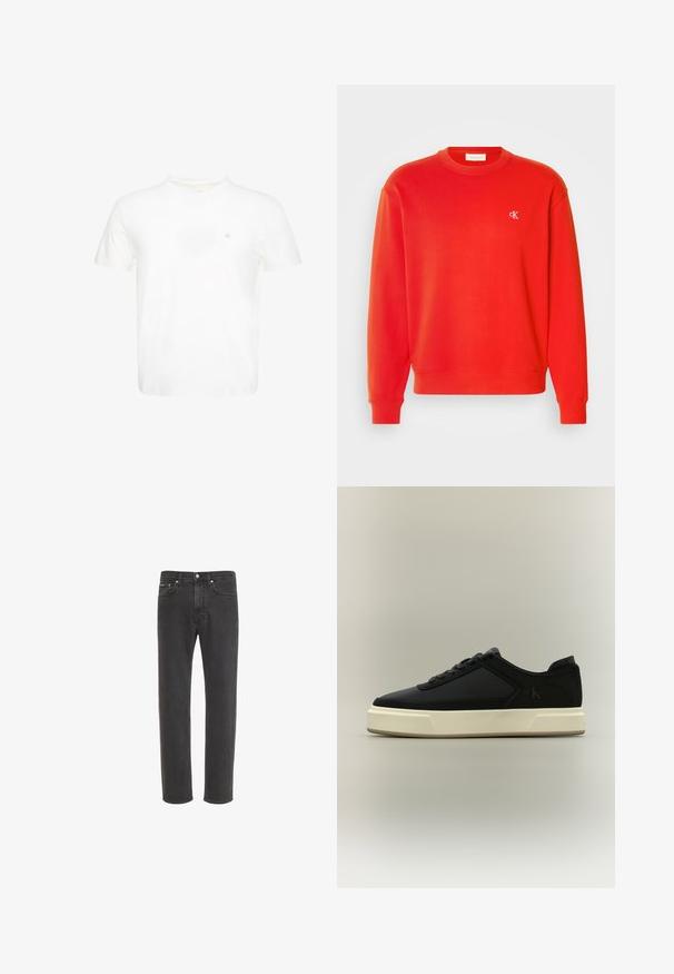 Sweat-shirt en coton rouge avec des poignets et un ourlet côtelés, et un petit logo brodé sur la poitrine gauche. Texture lisse, design classique à col rond.; T-shirt blanc à manches courtes et col rond avec un petit logo "ck" brodé sur la poitrine gauche.; Jean en denim noir à coupe droite avec fermeture avant par bouton et zip, poches avant et arrière, présenté sur fond blanc.; Baskets basses noires à semelle épaisse blanche, lacets à l'avant et logo discret "cK" sur le côté.