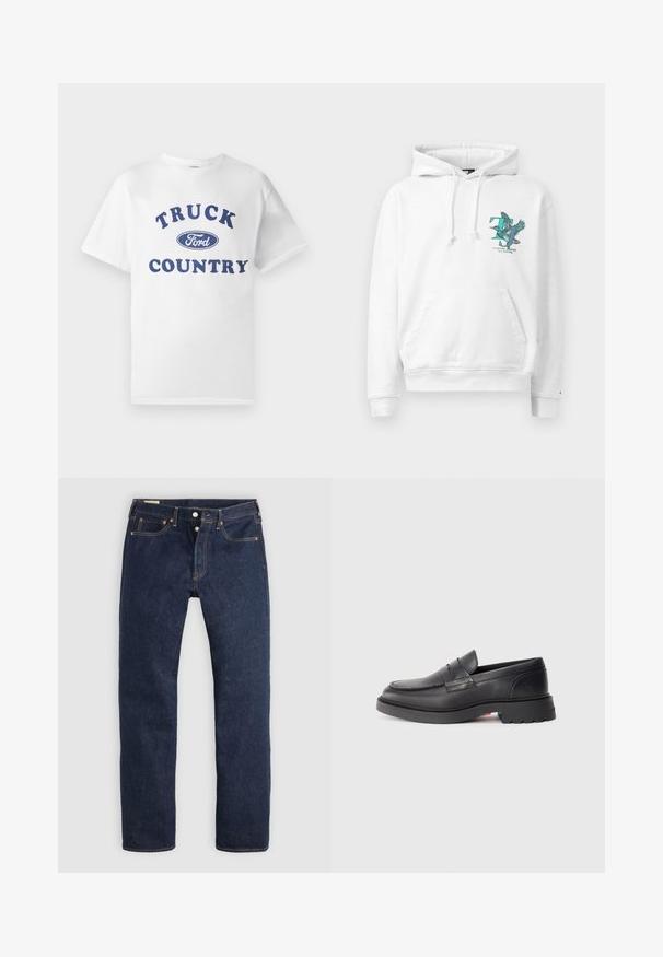 Weißer Hoodie aus weichem Material mit Kängurutasche, versehen mit einem bunten Vogel- und Textgrafik auf der Brust, verstellbare Kapuze mit Kordelzug.; Weißes Baumwoll-T-Shirt mit blau bedrucktem Text "TRUCK COUNTRY" und einem blauen ovalen "Ford"-Logo in der Mitte. Kurze Ärmel und Rundhalsausschnitt.; Dunkelblaue Jeans mit geradem Bein, Knopfleiste, Vorder- und Gesäßtaschen sowie kontrastierender Naht, flach auf hellem Hintergrund liegend.; Schwarze Leder-Lenker mit runder Spitze, erhobenem Naht und dicker Gummisohle. Schlichtes Design mit minimaler Markenpräsenz an der Seite.