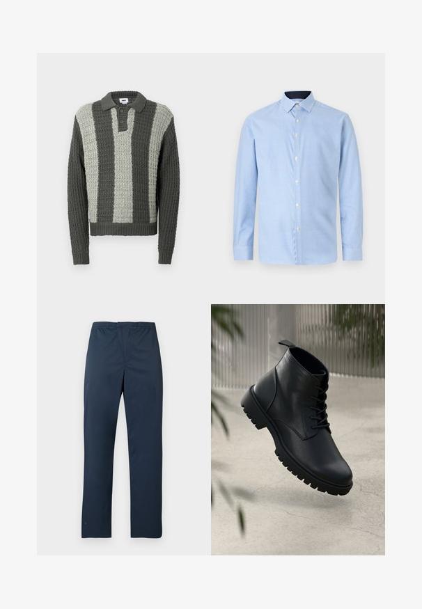 Pull polo tricoté en gris et vert clair avec un motif texturé. Il présente un col et trois boutons, des poignets et un ourlet côtelés.; Chemise à manches longues, boutons sur le devant, de couleur bleu clair avec un motif à petits carreaux, boutons blancs et un col contrastant bleu foncé. Texture douce.; Pantalon bleu marine léger avec une ceinture élastique et des jambes droites. Texture lisse sans motifs ni accents visibles.; Bottines en cuir noir avec un bout rond, un laçage, et une semelle en caoutchouc robuste. Texture lisse avec une languette à l'arrière.