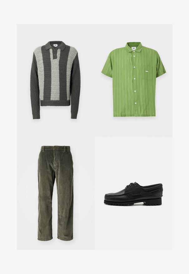 Suéter tipo polo tejido en gris y verde claro con un patrón texturizado. Cuenta con cuello y tres botones, puños y dobladillo acanalados.; Camisa verde de manga corta con botones, rayas verticales blancas y un bolsillo en el pecho izquierdo con el logo "OBEY".; Pantalones de pana color verde oliva con acanalado vertical, que presentan un cierre de botón y un diseño de pierna recta. Textura suave con un ajuste clásico.; Zapato negro con parte superior de cuero, acentos de textil, cordones redondos y suela de goma texturizada. Presenta costura de mocasín y detalle de marca.