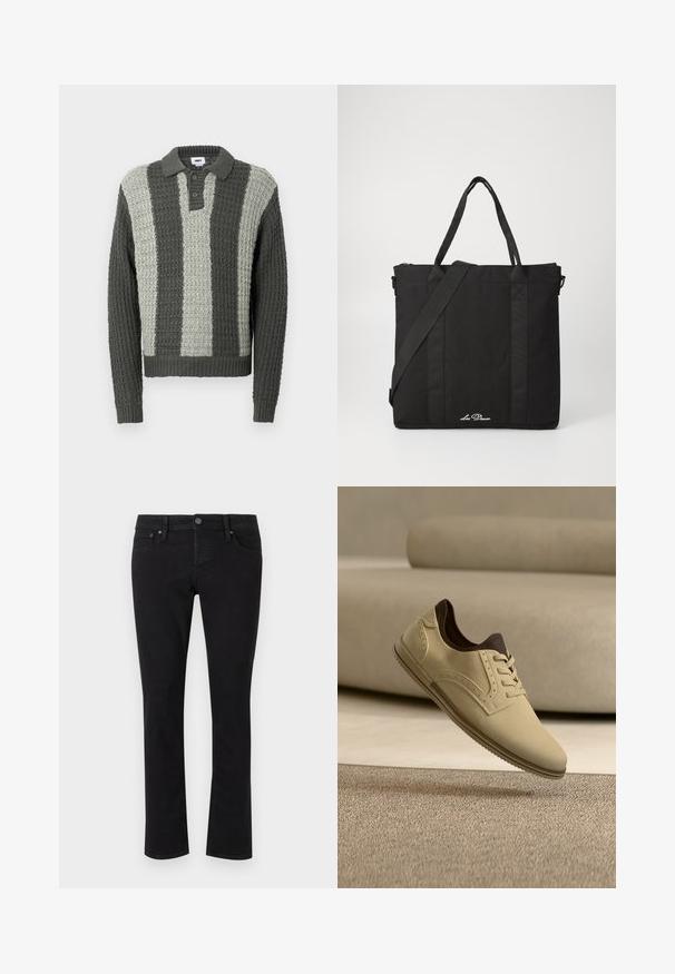 Strikket polo-trøje i grå og lysegrøn med et tekstureret mønster. Har krave og tre knapper samt ribstrikkede manchetter og kant.; Sorte denimjeans med lige snit, fem-lomme design, metalknaplukning og minimal syning. Glat tekstur hele vejen igennem.; Beige snøresko med mørkebrun indvendig foring ser ud til at svæve over et tekstureret tæppe i et minimalistisk, blødt oplyst rum med neutrale toner.; Sort tote bag lavet af slidstærkt stof med to top håndtag og en aftagelig skulderrem. Har en lynlåslukning og sidelæg.