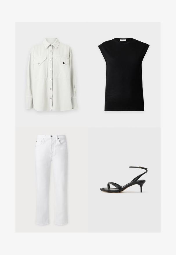Haut en maille noir sans manches avec épaules rembourrées et col rond, présenté sur un fond gris clair uni.; Chemise blanche à manches longues avec deux poches poitrine à rabat et boutons-pression métalliques, présentée sur un fond uni.; Jean blanc droit avec fermeture par boutons sur le devant, passants pour ceinture et poches avant et arrière, présenté sur un fond clair uni.; Sandale pour femme en cuir noir avec fines lanières, une boucle d'orteil, une boucle à la cheville et un talon aiguille de hauteur moyenne sur un fond neutre.