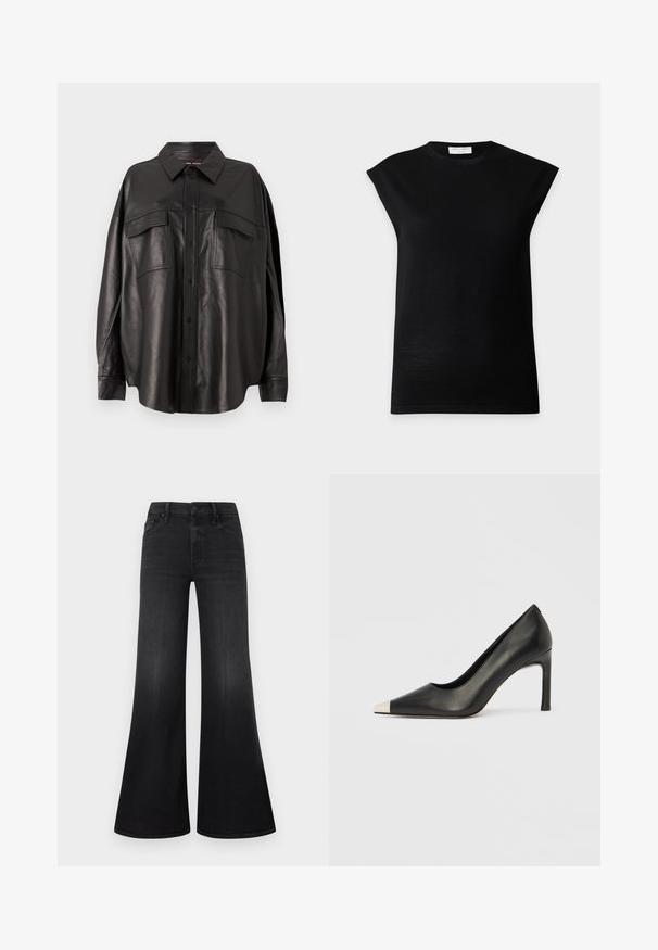 Haut en maille noir sans manches avec épaules rembourrées et col rond, présenté sur un fond gris clair uni.; Chemise en cuir noir avec un devant à boutons, un col pointu et deux poches poitrine. Elle présente une coupe ample et une texture lisse.; Jean noir à jambes larges en denim, doté d'une taille mi-haute, d'un design à cinq poches et d'une texture subtile en surface.; Chaussure à talon haut en cuir noir avec bout pointu et capuchon argenté métallique. Présente une finition lisse et un talon fin de 10 cm.