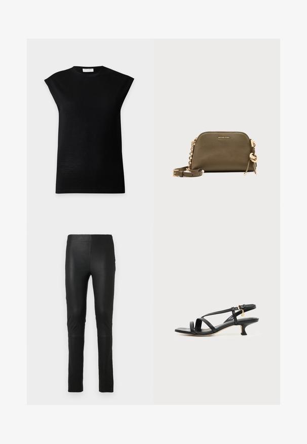Top negro de punto sin mangas con hombros acolchados y cuello redondo, exhibido sobre un fondo liso de color gris claro.; Leggings negros hechos de un tejido liso y elástico. Diseño ajustado con una textura suave. Presentan detalles de costura en las rodillas.; Sandalia negra de cuero con tiras, tacón bajo de tipo kitten, hebilla en el tobillo y pequeño charm dorado sobre un fondo claro y liso.; Bolso bandolera Michael Kors de cuero verde oliva con correa de cadena dorada, charm de logo dorado y pequeño nombre de la marca en relieve en el frente.