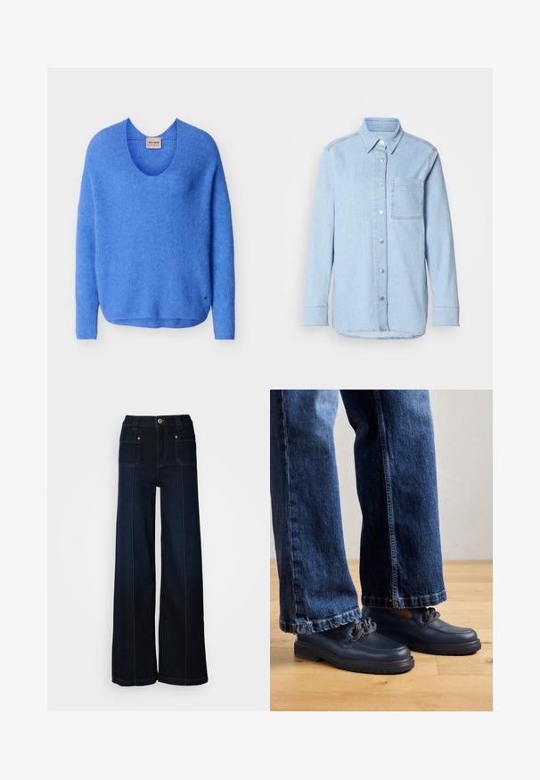 Jersey azul de manga larga tejido con cuello redondo y una pequeña etiqueta de logotipo metálico cerca del dobladillo sobre un fondo liso.; Camisa de denim azul claro con botón en el frente, collar puntiagudo, un bolsillo en el pecho y mangas largas con puños abotonados.; Jeans de mezclilla de pierna ancha en azul oscuro. Presentan bolsillos frontales, herrajes en tono dorado y costuras en contraste. Textura suave con un diseño casual.; Zapatos de cuero azul marino con suela gruesa y detalle de cadena en la parte superior, combinados con unos vaqueros de mezclilla oscura de corte holgado.