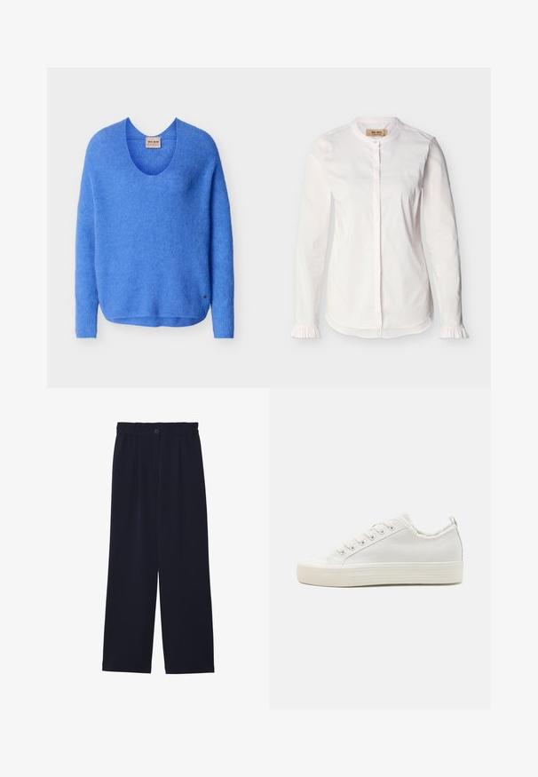 Blå langærmet strikket sweater med rund halsudskæring og et lille metal logo-mærke nær kanten på en ensfarvet baggrund.; Hvid bluse med lange ærmer, ståkrave, skjult knaplukning, diskrete lodrette striber og flæsekant ved ærmerne, vist på en ensfarvet baggrund.; Marineblå brede bukser med en glat tekstur, elastisk talje, enkel frontfold og en knaplukning i taljen.; Hvide kanvas sneakers med en struktureret overdel, rundt tåhætte, flad sål og snørelukning. Har en let flossede krave og en løkke.