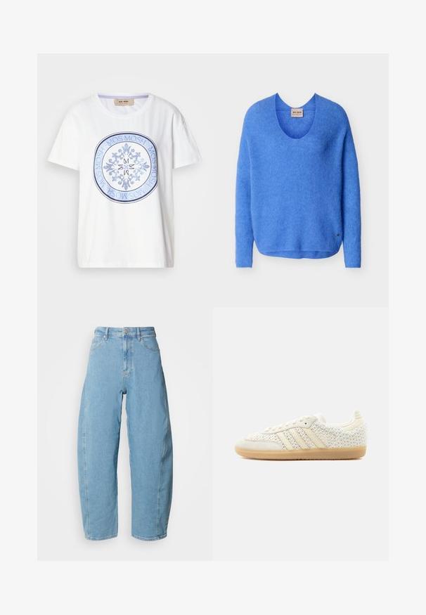 Pull tricoté à manches longues bleu avec un col rond et une petite étiquette logo en métal près de l'ourlet sur un fond uni.; T-shirt en coton blanc à manches courtes et col rond. Présente un motif graphique circulaire bleu avec des motifs complexes et le texte "MOS MOSH".; Jean en denim bleu clair taille haute à jambes larges avec poches devant et derrière, fermeture par boutons et braguette à glissière.; Baskets basses blanches avec tissu tissé texturé, bandes en cuir beige et semelle en caoutchouc gomme, vues de côté extérieur sur fond uni.
