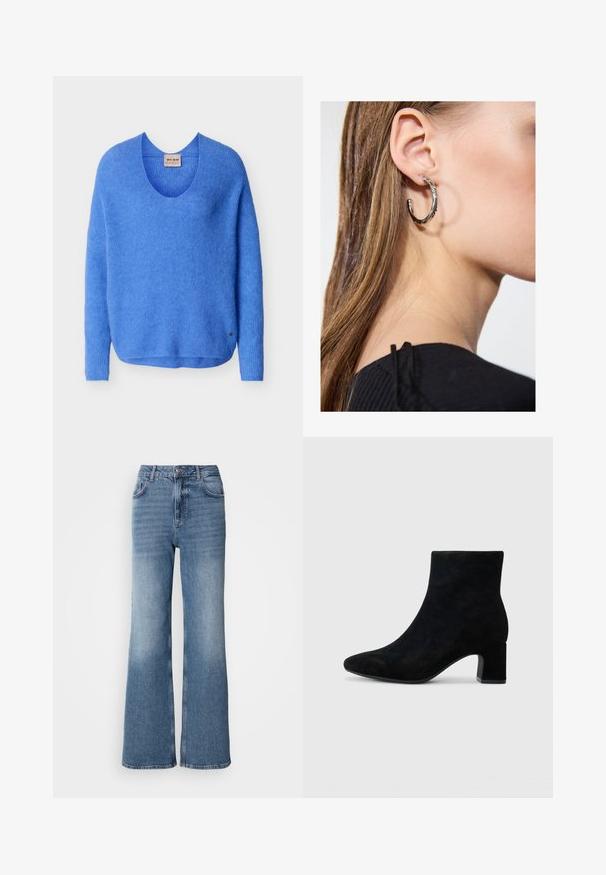 Blå langærmet strikket sweater med rund halsudskæring og et lille metal logo-mærke nær kanten på en ensfarvet baggrund.; Mos Mosh MAI - Jeans Straight Leg - blue wash; Sorte suede ankelstøvler med spidse tæer og en lav blokhæl, med en glat overflade og minimalistisk design.; Sølv hoop ørestik med en poleret overflade, prydet med små guld accenter og en rund form, båret på øreflippen.
