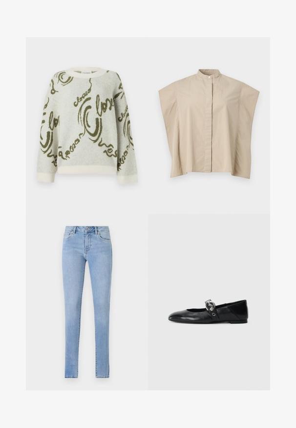 CLOSED CREW NECK LONG SLEEVE - Neule - ecru; Beige lyhythihainen nappipaita mandariinikauluksella, laatikkomainen leikkaus ja piilotettu nappilista, valkoisella taustalla.; Vaaleansiniset farkut, joissa on slim fit -leikkaus. Niissä on viisi taskua, hienovaraiset ompeluyksityiskohdat ja tavallinen vyötärö, jossa on yksi nappikiinnitys.; Mustat nahka ballet-mokkasiinit, joissa on kärjellinen muoto, ympyrämäinen metallinen solki ja tasapohja.