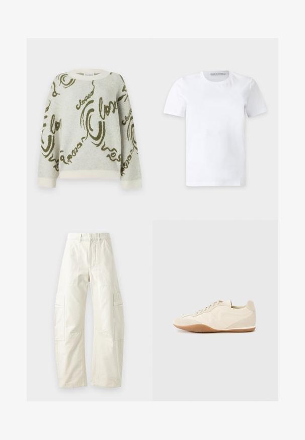 CLOSED CREW NECK LONG SLEEVE - Striktrøje - ecru; Enkelt hvid t-shirt med korte ærmer og rund hals med et lille mærke inden i kraven med teksten "Tiger of Sweden."; Beige cargo bukser med løs pasform, der har flere klaplommer, lynlås og en struktureret overflade. Fremstillet af slidstærkt bomuldsstof.; Lyse beige sneakers med en tekstureret læderoverdel, teksturerede sider og en gummisål. Har et slankt, strømlinet design og flade snørebånd.