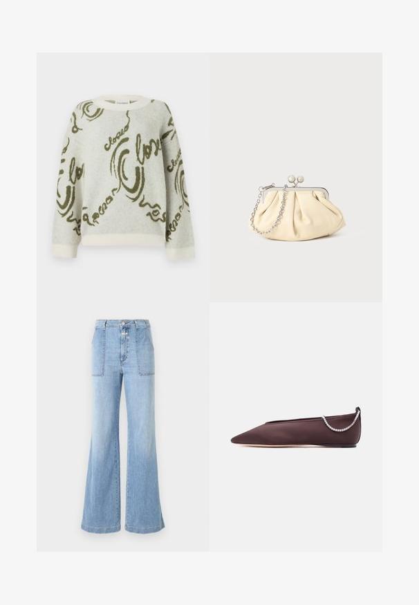 CLOSED CREW NECK LONG SLEEVE - Pullover - ecru; CLOSED ARIA - Jean flare - light blue; Chaussure plate marron foncé à bout pointu avec un petit talon et un détail chaîne en strass argentée à l'arrière.; Pochette en cuir beige plissé avec un cadre en métal argenté, dotée de deux fermoirs ronds décoratifs et d'une chaîne en argent.