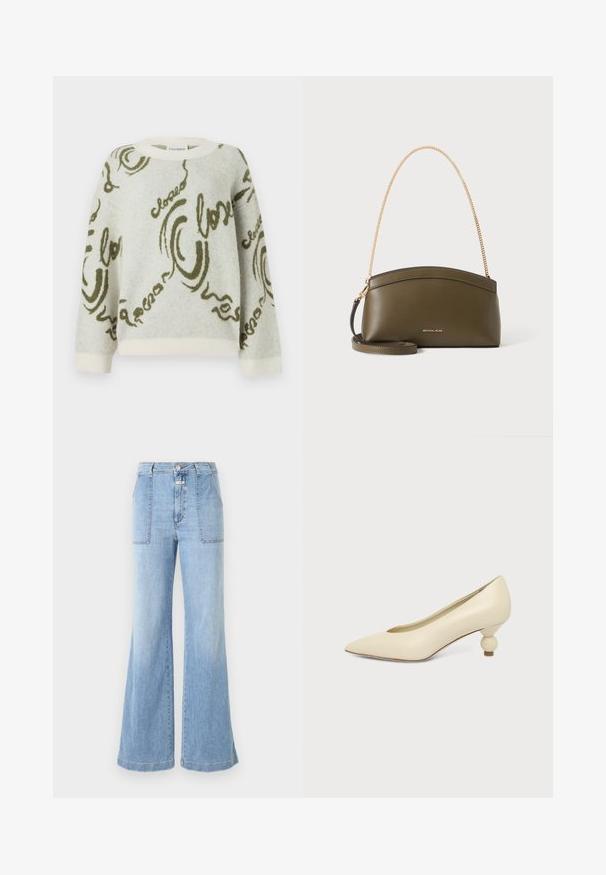 CLOSED CREW NECK LONG SLEEVE - Trui - ecru; CLOSED ARIA - Flared Jeans - light blue; Dames schoen in roomkleur met een puntige neus en een lage, ronde balvormige hak op een effen achtergrond.; Olijfgroene Michael Kors-handtas met gouden kettingschouderband, gebogen bovenkant en klein goud logo aan de voorkant, getoond tegen een witte achtergrond.