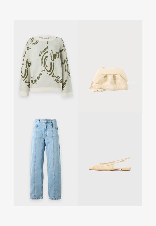 CLOSED CREW NECK LONG SLEEVE - Striktrøje - ecru; Lyseblå høj talje lige ben jeans med forseams, sidelommer, bæltestropper og metalknaplukning.; Slingback fladsko i lys beige med en mesh-overdel, spids tå og en lav hæl. Har en justerbar strop for bedre pasform.; Håndtaske i kremfarvet stof med blomsterbroderi, blød afrundet topramme og justerbar rem, lagt foran på en lysegrå baggrund.