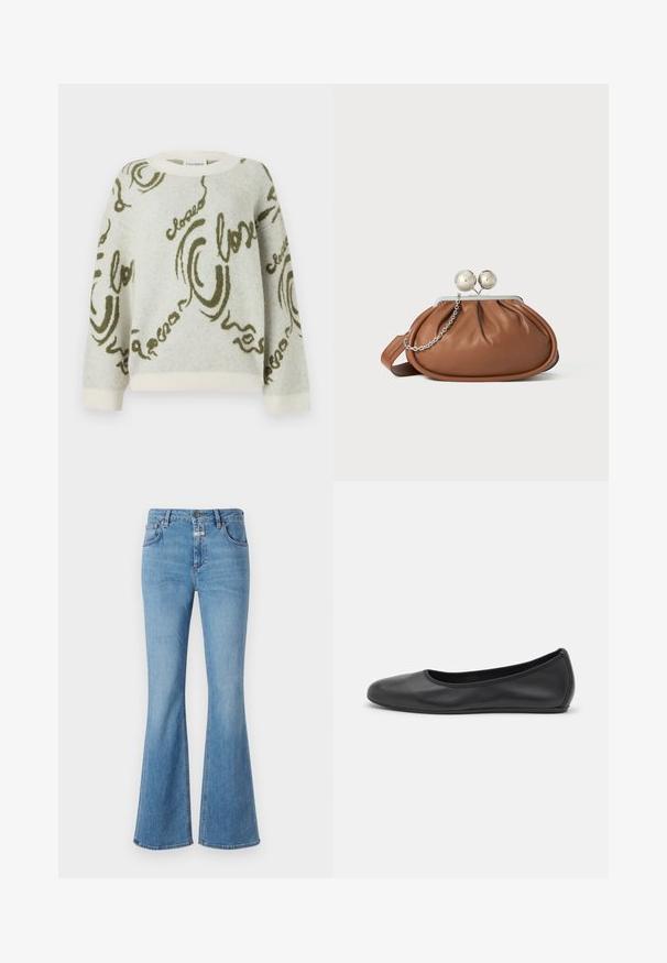 CLOSED CREW NECK LONG SLEEVE - Trui - ecru; CLOSED JOVANNA - Bootcut jeans - light blue; Zwarte leren ballerina met een ronde neus, gladde textuur, minimale stikdetails en een flexibele zoolontwerp.; Bruine leren clutch met een zilveren balsluiting en een klein zilveren kettingdetail op een witte achtergrond.