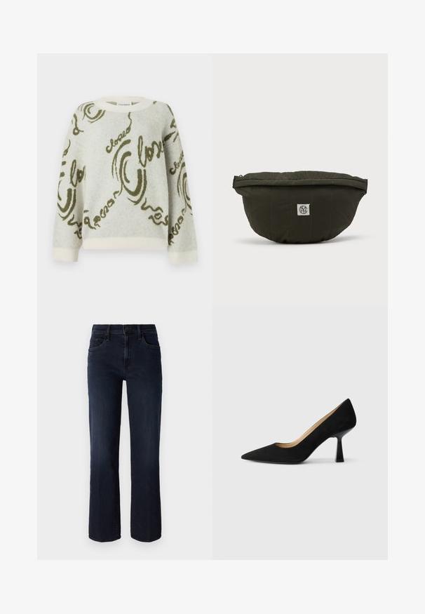 CLOSED CREW NECK LONG SLEEVE - Trui - ecru; Mother THE MID RISE RAMBLER - Straight leg jeans - dunkelblau; Zwarte suède high-heeled pump met een spitse neus, voorzien van een glanzende zwarte blokhak en een gladde binnenvoering.; Donkergroen gewatteerde stoffen heuptas met een klein wit logo-opPatching in het midden aan de voorkant, tegen een effen achtergrond.