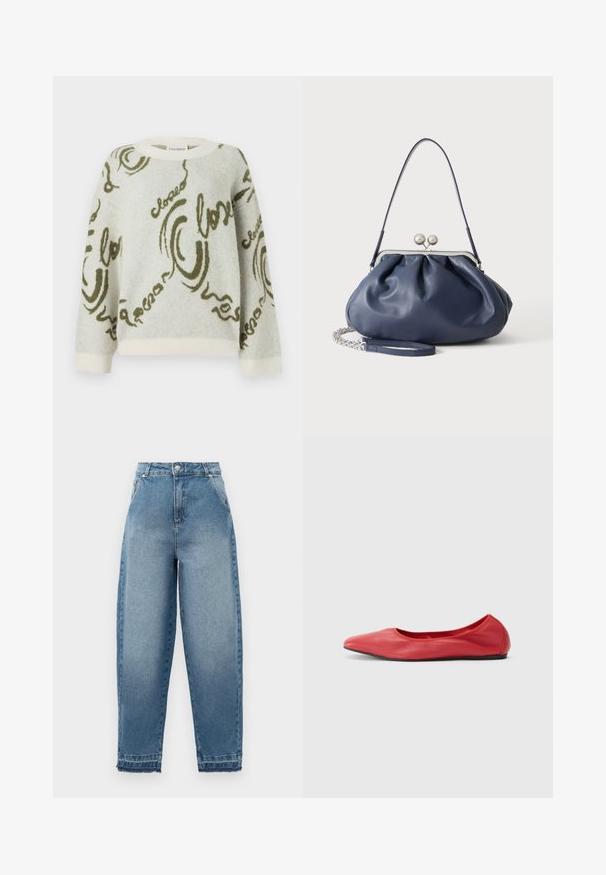 CLOSED CREW NECK LONG SLEEVE - Trui - ecru; Lichtblauwe denim jeans met een hoge taille, losse pasvorm, vijfzakkenontwerp en rafelige zoom. Kenmerkt klassieke stiksels en een ritssluiting.; Filippa K REY FLATS - Ballerina's - bright red; Zachte navyblauwe leren handtas met zilveren sluiting, enkele schouderband en afneembare ketting polsband op witte achtergrond.