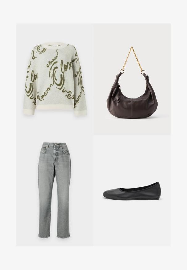 CLOSED CREW NECK LONG SLEEVE - Trui - ecru; CLOSED JONTA - Relaxed fit jeans - mid grey; Zwarte leren ballerina met een ronde neus, gladde textuur, minimale stikdetails en een flexibele zoolontwerp.; Zachte donkerbruine leren schoudertas met geknoopte uiteinden en een korte gouden kettingriem, tegen een effen lichte achtergrond.