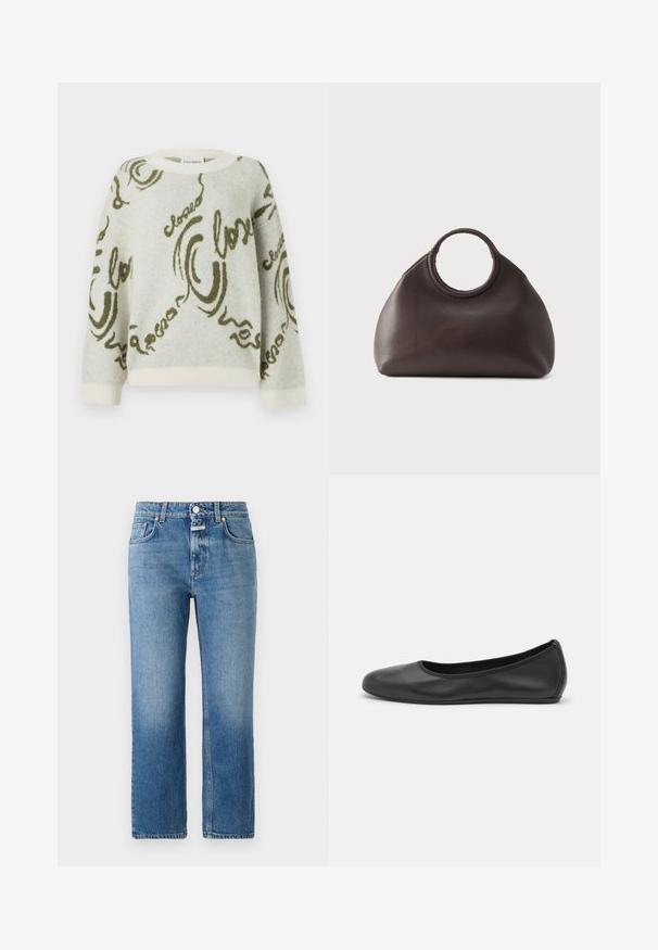 CLOSED CREW NECK LONG SLEEVE - Trui - ecru; CLOSED MILO - Straight leg jeans - mid blue; Zwarte leren ballerina met een ronde neus, gladde textuur, minimale stikdetails en een flexibele zoolontwerp.; Donkerbruine leren handtas met ronde gevlochten handgrepen en een zachte, afgeronde vorm tegen een effen lichte achtergrond.