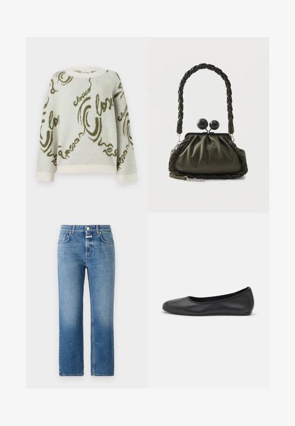 CLOSED CREW NECK LONG SLEEVE - Striktrøje - ecru; CLOSED MILO - Jeans Straight Leg - mid blue; Sort læderballetsko med rund tå, glat tekstur, minimal syning og et fleksibelt såldesign.; Olivengrøn læderhåndtaske med flettet håndtag og sølvhardware, med en samlet design og runde låsedetaljer på toppen.