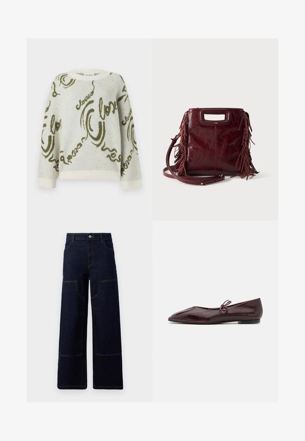 CLOSED CREW NECK LONG SLEEVE - Strickpullover - ecru; Dunkelblaue weit geschnittene Jeans mit aufgesetzten Vorder-Taschen und kontrastierenden orangefarbenen Nähten, Knopfverschluss an der Taille.; Ballerinas aus bordeauxrotem Lackleder mit einer spitzen Zehenform und einem dekorativen lila Bogen auf dem Blatt; flaches Sohlen-Design.; Quadratische burgunderrote Lederhandtasche mit ausgeschnittenem Griff, seitlichen Fransen und verstellbarem Schulterriemen auf einfarbigem Hintergrund.