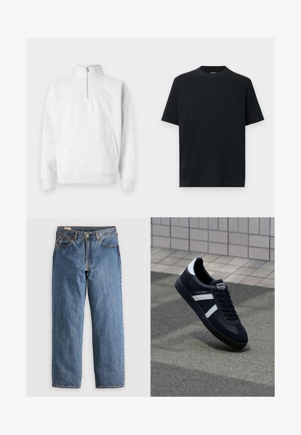 Lys grå kvart-zip pullover lavet af blødt stof. Har en høj krave, lange ærmer og en frontlomme med subtil branding.; Sort t-shirt med korte ærmer og rund hals, lavet af blød bomuld. Simpelt design uden mønstre eller pynt.; Blå denimjeans med lige snit, der har høj talje, kobbernitter og orange syninger. Foran og bagpå er der lommer.; Sort lædersneaker med hvide striber, tekstureret gummisål og snørrebånd foran. Har et brandet mærke på tungen.