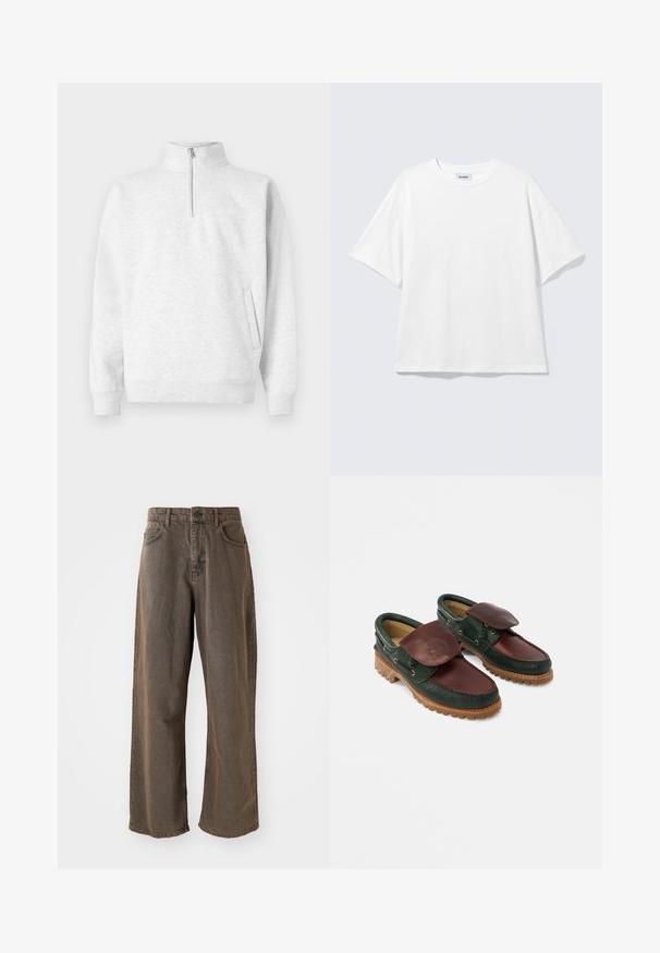 Hele hallist värvi neljanda osa tõmbluku pullover, mis on valmistatud pehmest kangast. Omab kõrget kraed, pikki varrukaid ja eesmist taskut, millel on peen bränding.; Valge liibuv oversized lühikeste varrukatega t-särk ümar kaelusega, langevate õlgadega, tasapinnal helehalli taustal.; Laiad pruunid teksapüksid, millel on nööbiga kinn closure, vöökohad ja eesmine taskud. Kanga tekstuur on veidi pleekinud.; Nahast kingad, millel on tume roheline kere ja burgundiapunane ülemine osa, ümar ninaosa, kinnitatud klapp ning soontega tekstureeritud kummist tald.