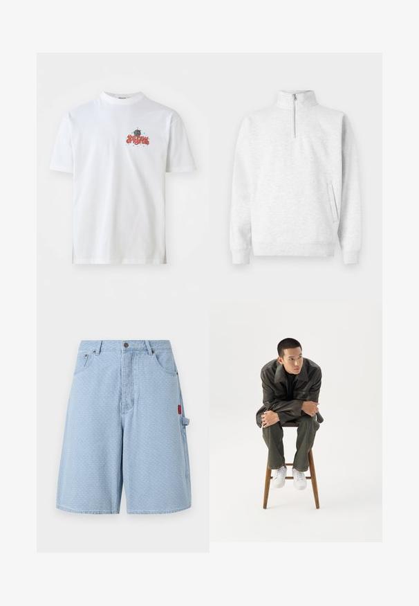 Lichtgrijze kwart-rits pullover gemaakt van zachte stof. Bevat een hoge kraag, lange mouwen en een voorkantzak met subtiele branding.; Witte katoenen T-shirt met de tekst "the new originals" in het rood met blauwe sterren, ronde hals en korte mouwen.; Lichtblauwe denimshorts met een gestructureerd patroon, twee voorzakken en een zijzak met een rode labeldetail.; Jonge man in een donkere leren jas en spijkerbroek zit op een houten kruk, leunt naar voren met gekruiste armen en kijkt naar de zijkant tegen een witte achtergrond.