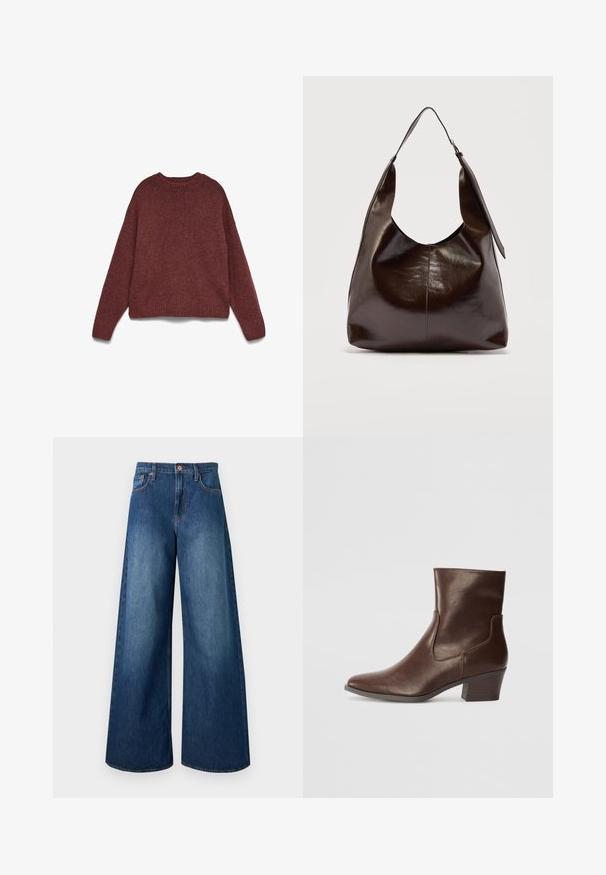 Brun striktrøje med lange ærmer, ribbet rund halsudskæring, manchetter og kant, lagt fladt på en hvid baggrund.; Jeans i mørkeblåt denim med høj talje, brede ben, fem lommer, bæltestropper og kobberknaplukning.; Brun læderankelstøvle med spids tå, mellemstor blokhæl og elastiske sider for nem påtagning. Glat tekstur og elegant design.; Mørkebrunt, skinnende læder skuldertaske med en enkelt bred rem og spændedetalje på den ene side, sat mod en ensartet lys baggrund.