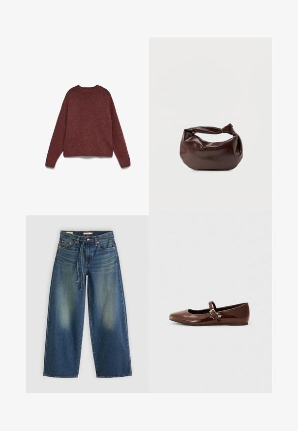 Bruine gebreide trui met lange mouwen, geribde ronde hals, manchetten en zoom, platliggend op een witte achtergrond.; Denim wide-leg jeans in donkerblauw met een vervaagd ontwerp, voorzien van een trekkoord in de taille en vijf zakken.; Bruine gepatineerde leren balletschoen met een vierkante neus en een bandje met een kleine gouden gesp. Gladde textuur, lage hak en minimalistisch ontwerp.; Donkerbruine leren schoudertas met een zachte, slungelige vorm en een gedraaide knoopvormige handgreep op een effen witte achtergrond.