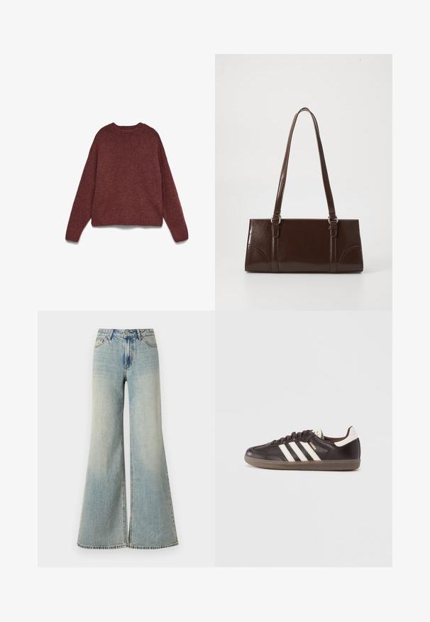 Brun striktrøje med lange ærmer, ribbet rund halsudskæring, manchetter og kant, lagt fladt på en hvid baggrund.; Lysblå brede jeans med høj talje, der har en falmet finish, frontlommer og en let spaltning i bunden af benene.; Mørkebrune lædersneakers med hvidt tre-stribet design, en gummisål og "Samba" i gyldne bogstaver på siden. Klassisk lavtopform.; Brun lakeret håndtaske med rektangulær form, to lange håndtag og subtile buede detaljer på fronten.