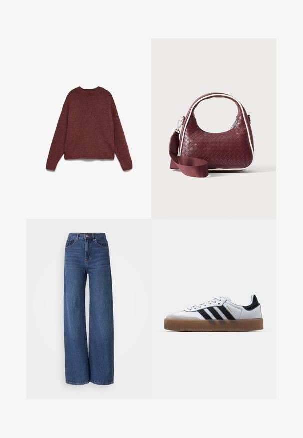 Pull en maille marron à manches longues, col rond côtelé, poignets et ourlet, posé à plat sur un fond blanc.; Jean taille haute, à jambes larges en denim bleu foncé. Comprend cinq poches, des passants de ceinture et une texture délavée avec des coutures contrastantes.; Baskets en cuir blanc avec des rayures noires, semelle extérieure en caoutchouc beige, bout rond, fermeture lacée et embout en suède gris doux.; Sac à main en cuir tressé marron foncé avec poignée courbée, garniture blanche, fermeture éclair argentée et bandoulière large en tissu amovible sur fond uni.