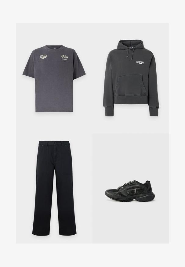 Sweat à capuche gris foncé avec poche kangourou et petit logo « Service Works » sur le côté gauche de la poitrine.; T-shirt gris foncé à manches courtes avec col rond, présentant des logos de pneu ailé et de drapeaux à damier croisés avec le texte "COMIN' IN HOT" et "LEVI STRAUSS & CO.".; Pantalon noir à jambes larges avec poches plaquées à l'avant, passants pour ceinture et fermeture par bouton, présenté sur un fond uni.; Baskets de sport noires avec une tige en mesh, des accents texturés et un col rembourré. Design à lacets avec une semelle en caoutchouc épaisse pour le soutien.