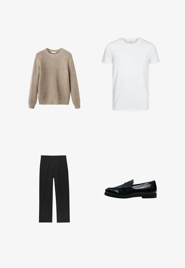 Beige gebreide trui met een visgraatpatroon, ronde hals, geribbelde manchetten en zoom, gemaakt van een zachte, gestructureerde stof.; Ronde hals kortemouwen t-shirt in effen wit, gemaakt van zachte katoen, heeft een eenvoudig ontwerp zonder zichtbare patronen of accenten.; Zwarte broeken met een recht model, gemaakt van een gladde stof. Voorzien van een voorplooien en een enkele knoopsluiting bij de taille.; Zwarte leren heren penny loafer met gestikte moc toe en lage hak, zijaanzicht op witte achtergrond.