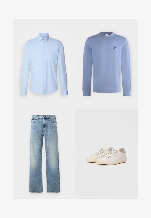 Sudadera de manga larga y cuello redondo en azul claro con pequeño logo negro "cK" en el pecho izquierdo.; Camisa de botones azul claro hecha de algodón, con un cuello clásico, mangas largas y un pequeño logotipo en el pecho. Textura suave.; Vaqueros de mezclilla azul claro de corte recto con cintura alta, cinco bolsillos, cierre de botón y sutil desgaste en los muslos y las rodillas.; Zapatillas blancas de cuero liso con costuras al tono, cierre de cordones, puntera redondeada y suela de goma texturizada.
