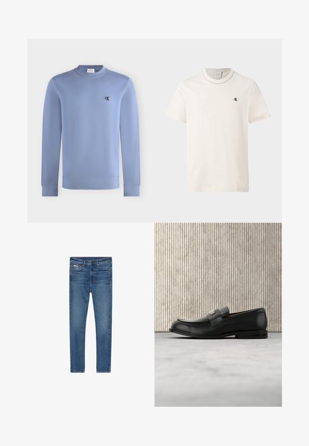 Hellblaues Sweatshirt mit langen Ärmeln und Rundhalsausschnitt, mit kleinem schwarzem "cK"-Logo auf der linken Brust.; Kurzärmeliges, elfenbeinfarbenes Calvin Klein T-Shirt mit Rundhalsausschnitt und kleinem schwarzem "cK" Logo auf der linken Brust; Blaue Denim-Jeans mit schlanker Passform, fünf Taschen, Knopfverschluss und subtiler Verblassung an Oberschenkeln und Knien.; Schwarzer Lederloafer mit einer Metallmarkenplatte, der nahe einem braunen runden Tisch auf beigem Teppichboden ruht.