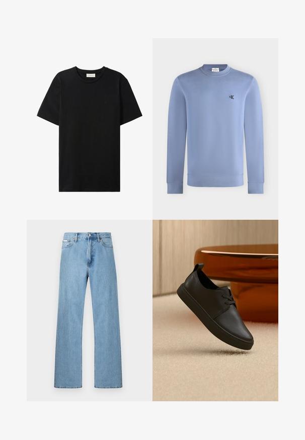 Lyseblå sweatshirt med rund hals og lange ærmer med lille sort "cK" logo på venstre bryst.; Sort t-shirt med korte ærmer og rund hals med subtil Calvin Klein Jeans-logo på brystet og en label indeni halsåbningen.; Lyseblå straight-leg jeans i denim med fem-lomme-design og knaplukning i taljen, vist mod en ensfarvet baggrund.; Sort lædersneaker til hverdag med snørebånd, svævende over beige tæppe med et rundt bord af ravfarvet glas i baggrunden.