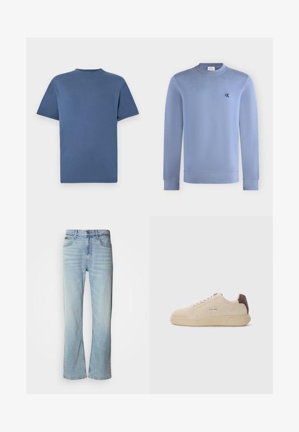 Sudadera de manga larga y cuello redondo en azul claro con pequeño logo negro "cK" en el pecho izquierdo.; Camiseta azul de manga corta con cuello redondo, diseño sencillo y color sólido, mostrada plana sobre fondo blanco.; Jeans de mezclilla azul claro con corte recto, que cuentan con cinco bolsillos, un cierre de botón y un ligero desvanecimiento en la tela.; Zapatilla de ante beige con punta redondeada, cordones en la parte frontal y un acento de ante marrón en el talón. Cuenta con una suela de goma texturizada.