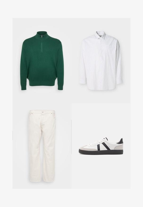 Donkergroene geribbelde gebreide trui met een hoge kraag en een halve rits, met een klein geborduurd logo op de borst.; Witte blouse met lange mouwen en verticale beige dunne strepen, met een borstzak, plat uitgestald op een lichte achtergrond.; Witte denim jeans met een rechte pasvorm, voorzien van een knoopsluiting, riemlussen en twee zijzakken. Gladde textuur, minimalistische details.; Witte sneaker met zwarte en grijze accenten, voorzien van een grijze neus met textuur, zwarte rubberen zool en platte witte veters. Schoon ontwerp, minimalistische stijl.