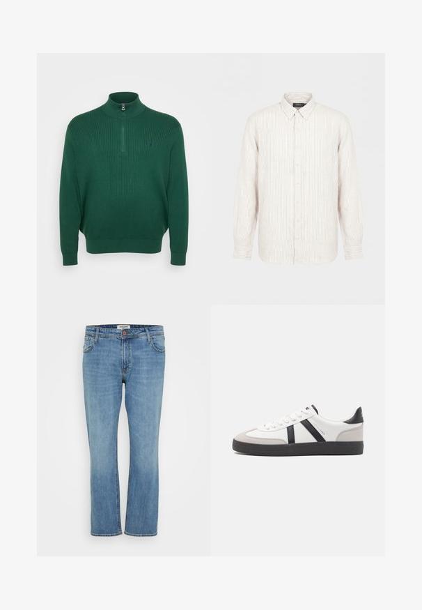Mørkegrøn ribstrikket sweater med høj krave og halv lynlås, der har et lille broderet logo på brystet.; Langærmet beige skjorte med hvide lodrette striber, knapper foran, klassisk krave og manchetter med knapper.; Blå straight-leg denim jeans med knap- og lynlås, for- og baglommer samt synlig syning på hvid baggrund.; Hvide sneakers med sorte og grå detaljer, med en tekstureret grå tåhætte, sort gummisål og flade hvide snørebånd. Rent design, minimalistisk stil.