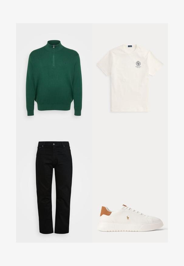 Pull en maille côtelée vert foncé avec un col haut et une fermeture éclair demi-longue, présentant un petit logo brodé sur la poitrine.; T-shirt blanc à manches courtes Ralph Lauren avec un petit emblème sombre et le texte "Ralph Lauren New York" sur la poitrine gauche.; Jean noir en coton, avec une coupe classique, un design à cinq poches et un bouton métallique. Texture lisse avec des jambes droites.; Baskets basses blanches avec languette de talon beige, lacets blancs et petit logo brodé d'un joueur de polo sur le côté au-dessus d'une semelle épaisse.