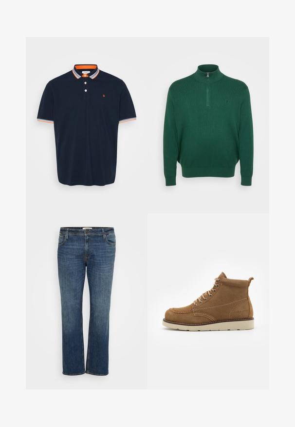 Dunkelgrüner gerippter Strickpullover mit hohem Kragen und einem halben Reißverschluss, ausgestattet mit einem kleinen gestickten Logo auf der Brust.; Marineblaues Poloshirt aus Baumwolle mit Kragen, der orange- und graublaue Streifen aufweist, einer Knopfleiste mit drei Knöpfen und einem kleinen bestickten Logo auf der Brust.; Dunkelblaue Jeans aus Denim mit geradem Bein, ausgestattet mit fünf Taschen, einem Knopfverschluss und subtilen Gebrauchsspuren für Textur.; Braune Wildleder-Stiefeletten mit runder Spitze, Schnürung vorne und beige Gummisohle, mit subtilen Stickdetails und einer Schlaufe hinten.