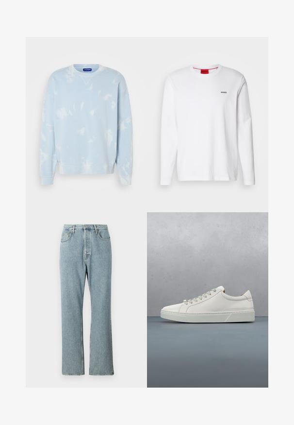 Hellblaues Sweatshirt mit einem Batikmuster, Rundhals und weiten Ärmeln. Hergestellt aus weichem Stoff mit gerippten Bündchen und Saum.; Weißes Langarmshirt aus Baumwolle mit Rundhalsausschnitt, schwarzem "HUGO"-Logo auf der linken Brust und glatter Textur.; Helles blaues Denim-Jeans mit hoher Taille, weit geschnittenen geraden Beinen und einfacher Naht. Verfügt über fünf Taschen und einen klassischen Knopfverschluss.; Weißes Leder-Sneaker mit abgerundetem Zehenbereich, minimalistisches Design, graue Schnürsenkel und einer strukturierten grauen Gummisohle. Dezente Nähte sichtbar.